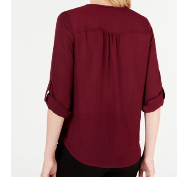 BCX Womens Burgundy Cuffed Keyhole Wrap Top - Picture 2 of 10